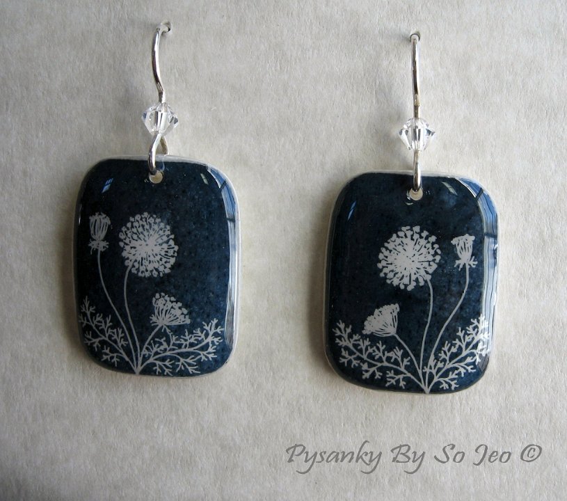 Blue & White Queen Anne's Lace Earrings Pysanky By So Jeo